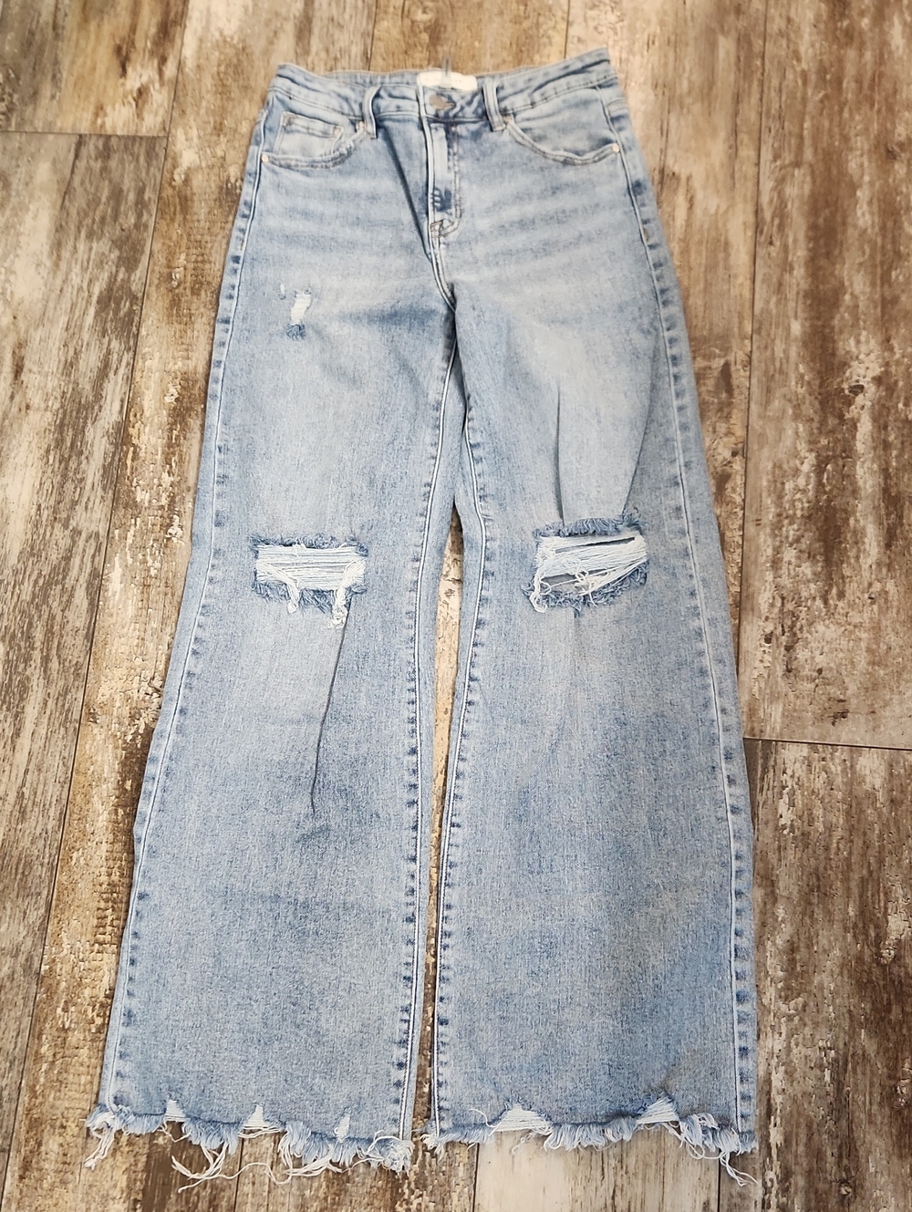 Risen Light Blue Distressed Wide-Leg Jeans